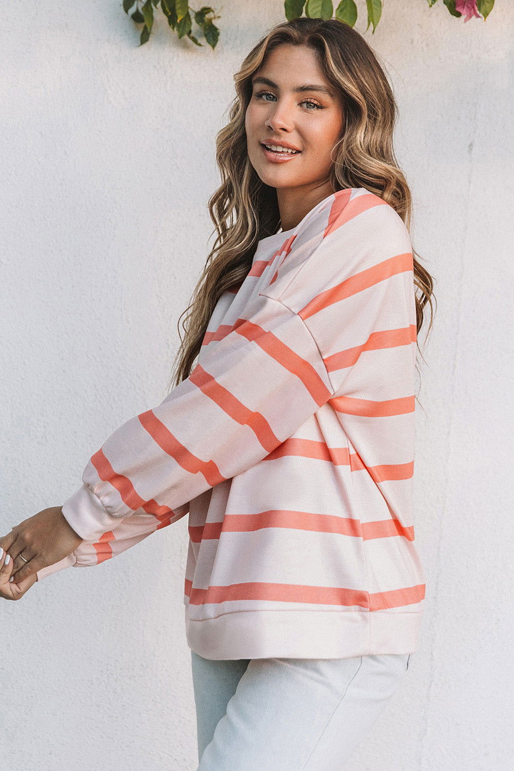 Orange Striped Print Drop Shoulder Pullover Sweatshirt - Vesteeto