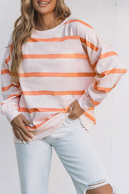 Orange Striped Print Drop Shoulder Pullover Sweatshirt - Vesteeto