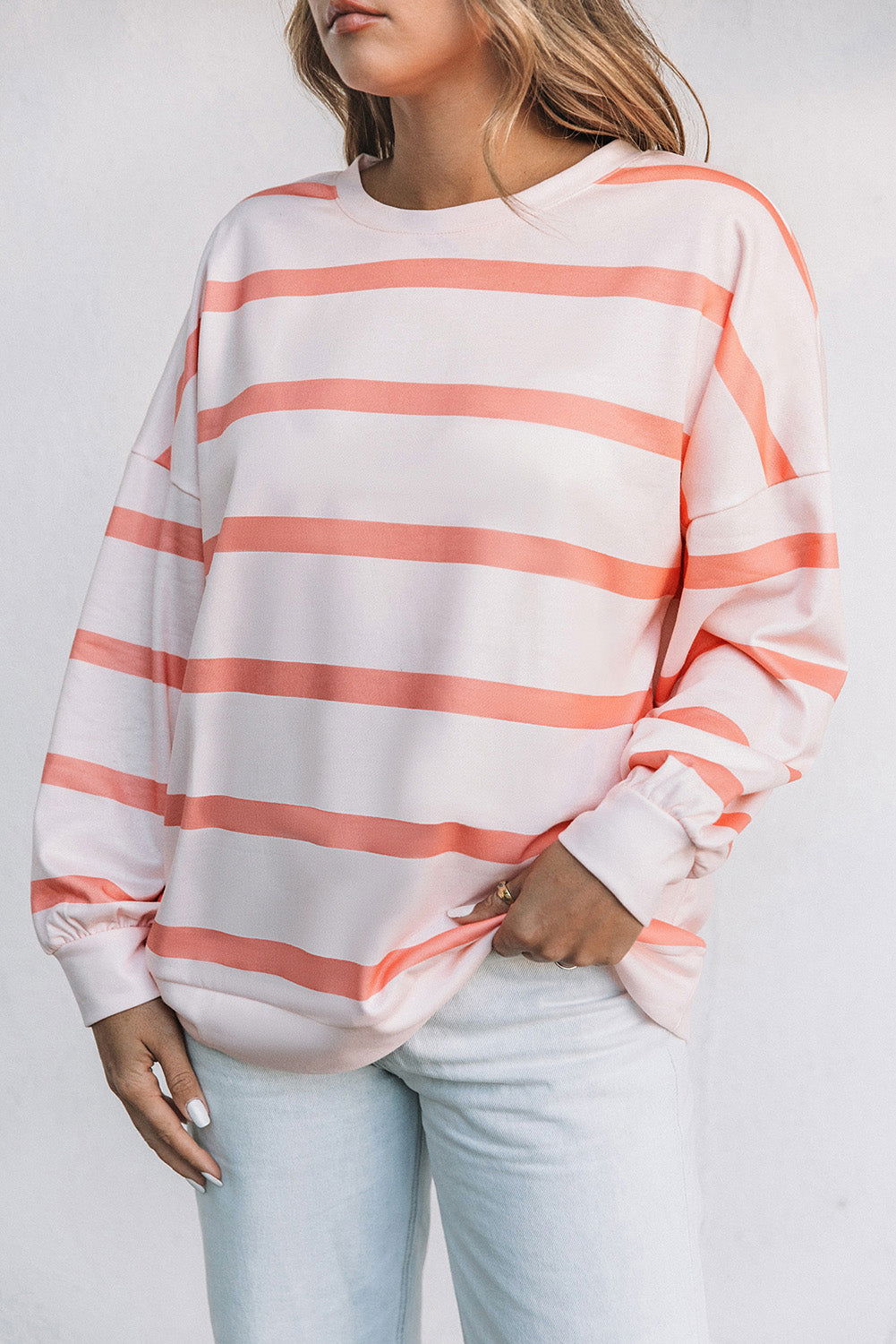 Orange Striped Print Drop Shoulder Pullover Sweatshirt - Vesteeto