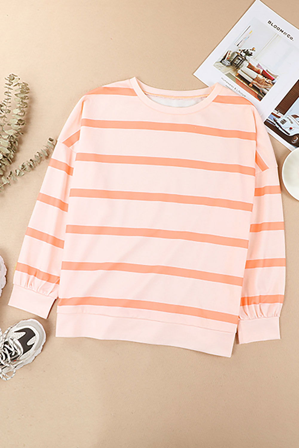 Orange Striped Print Drop Shoulder Pullover Sweatshirt - Vesteeto