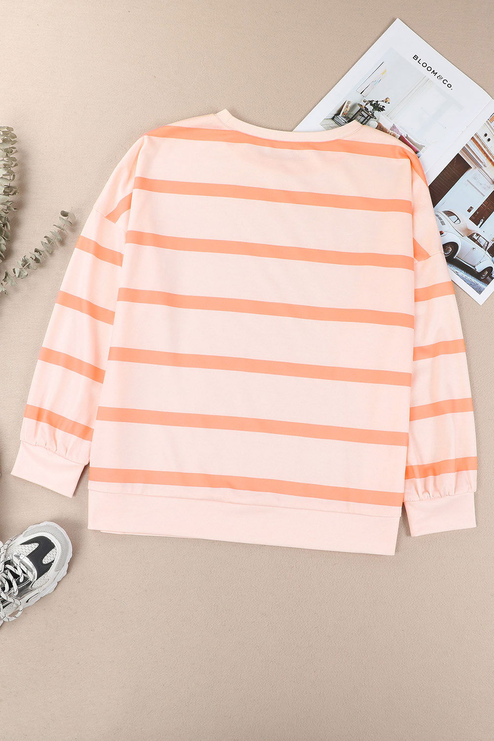 Orange Striped Print Drop Shoulder Pullover Sweatshirt - Vesteeto