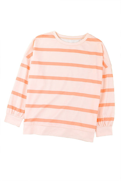 Orange Striped Print Drop Shoulder Pullover Sweatshirt - Vesteeto