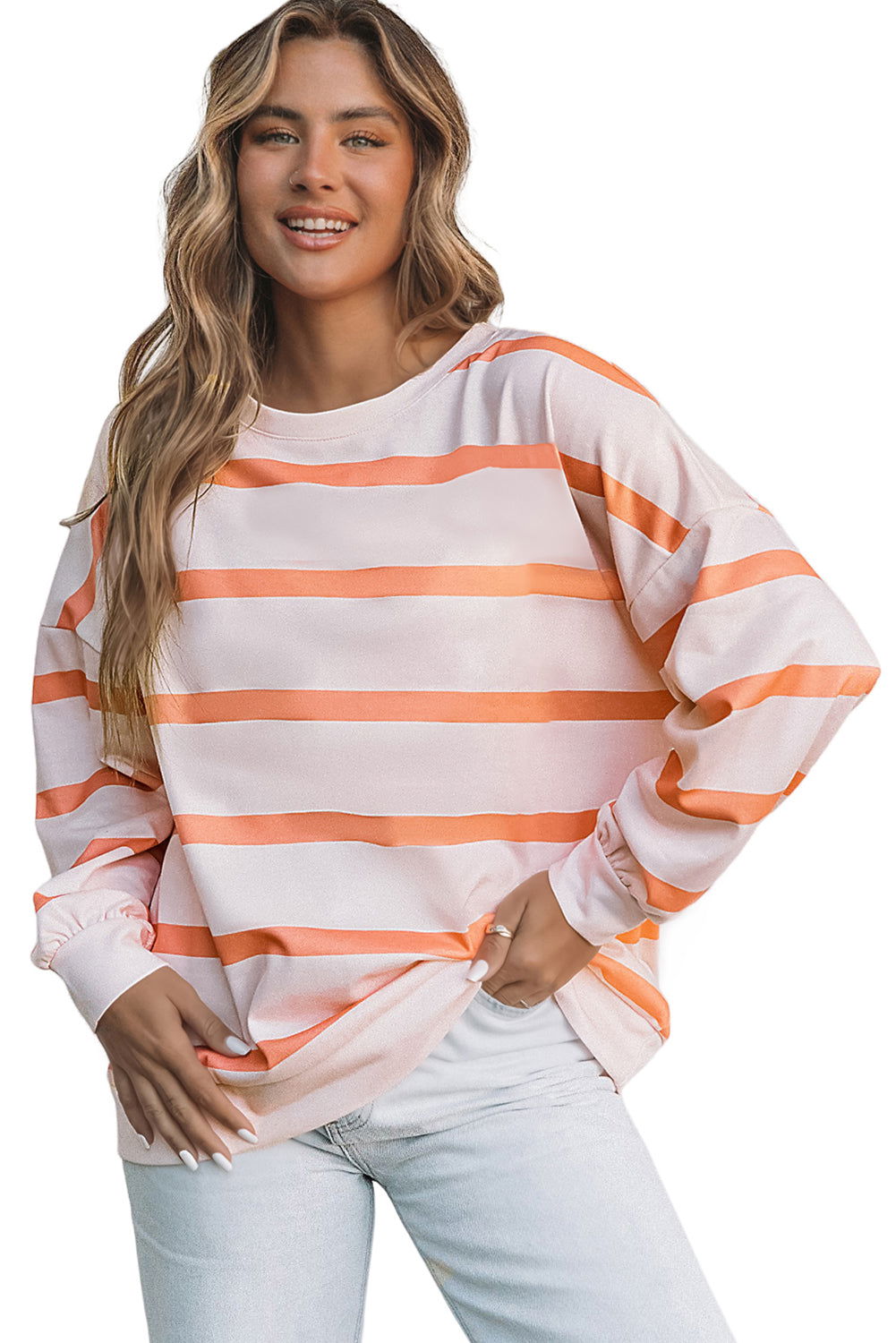 Orange Striped Print Drop Shoulder Pullover Sweatshirt - Vesteeto