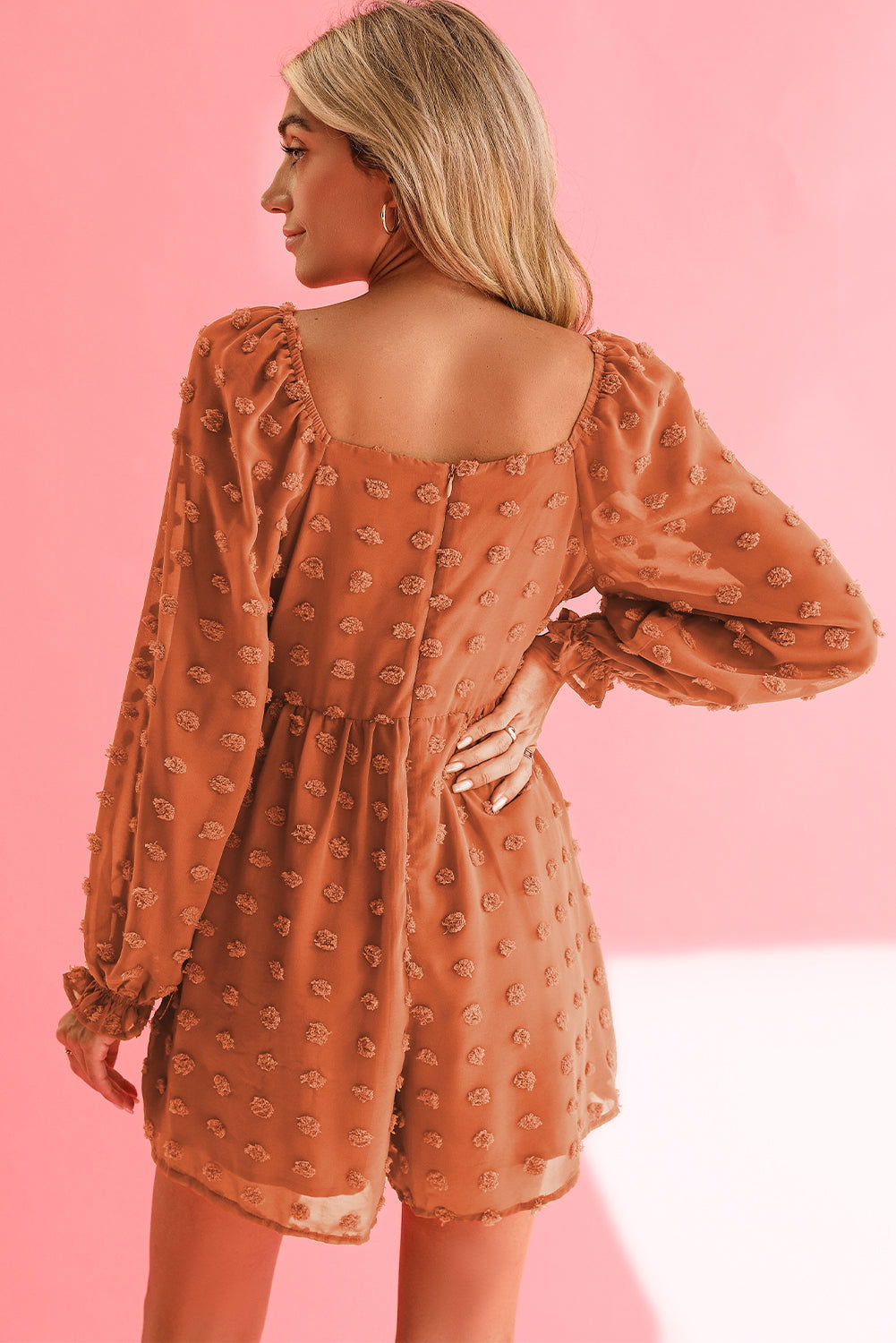 Orange Swiss Dot Square Neck Long Sleeve High Waist Romper - Vesteeto