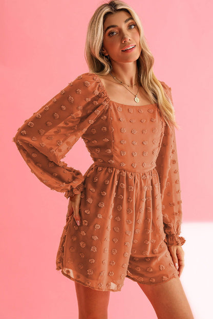 Orange Swiss Dot Square Neck Long Sleeve High Waist Romper - Vesteeto