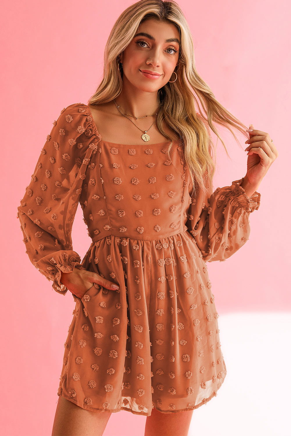 Orange Swiss Dot Square Neck Long Sleeve High Waist Romper - Vesteeto