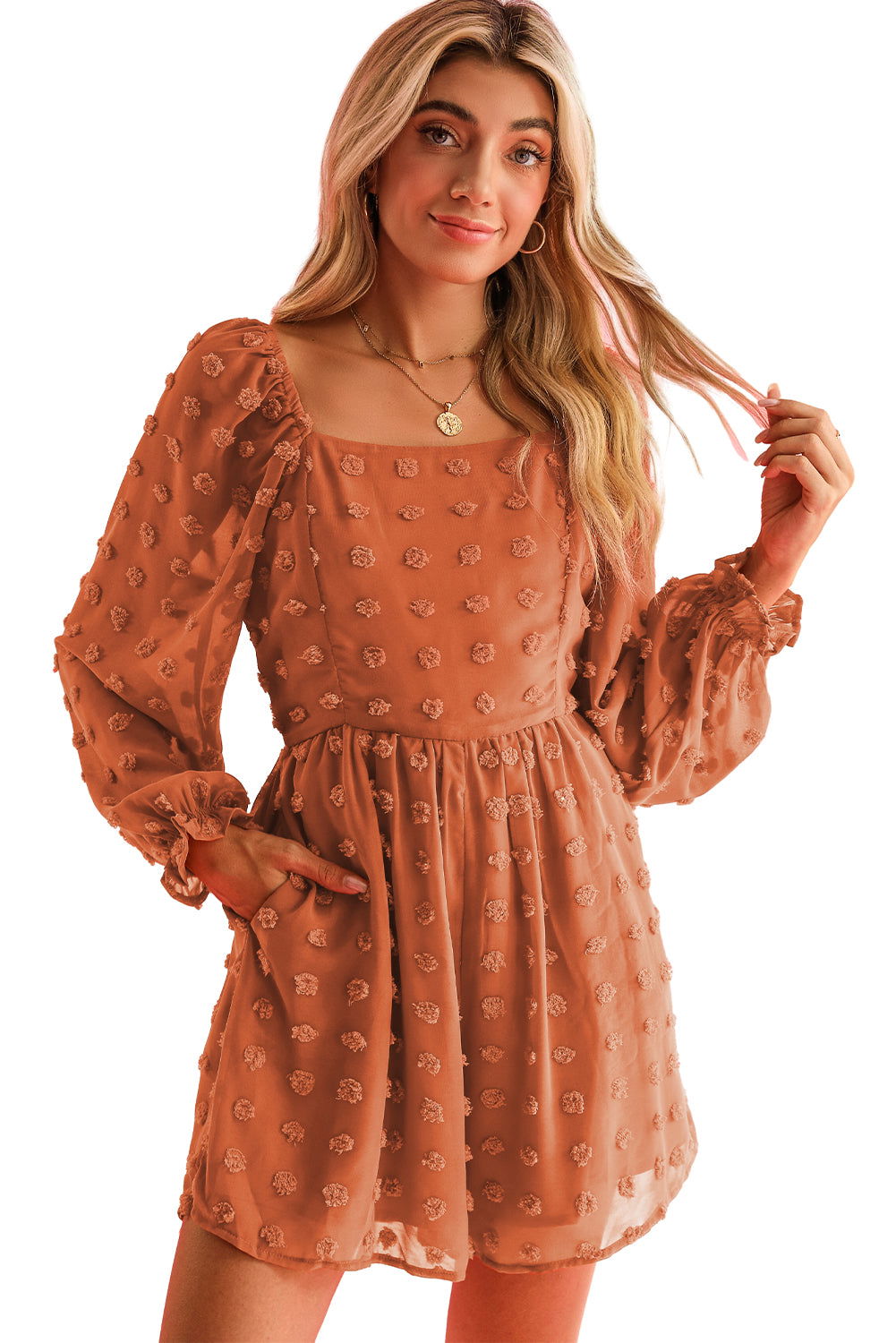 Orange Swiss Dot Square Neck Long Sleeve High Waist Romper - Vesteeto