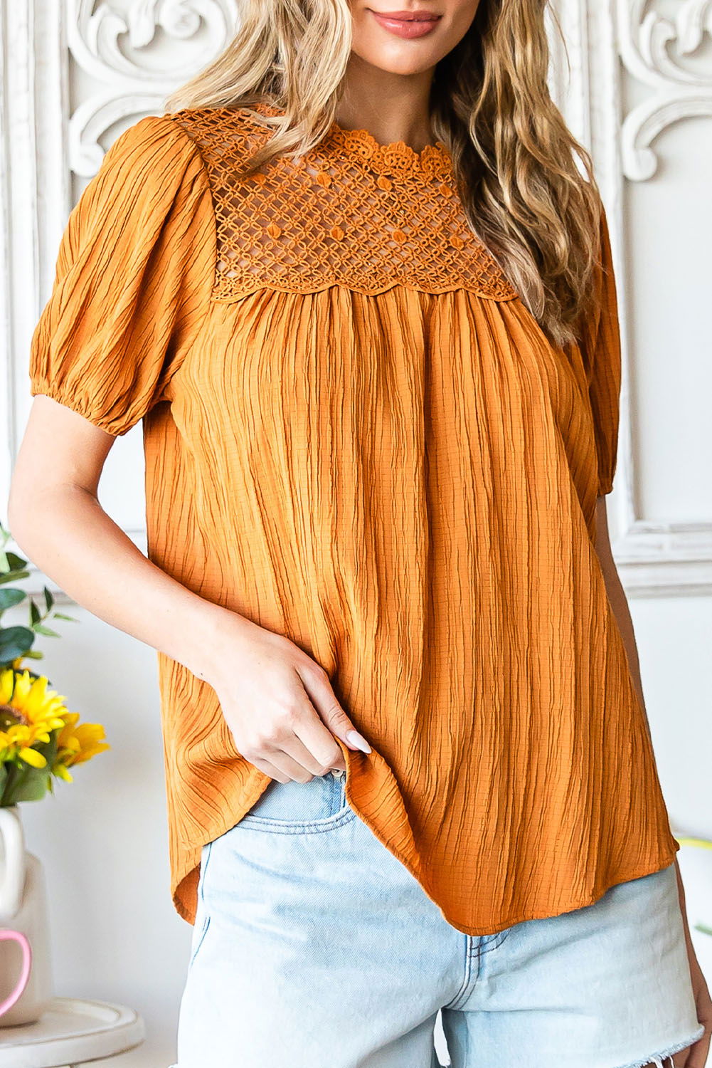 Orange Textured Lace Crochet Casual Keyhole Puff Sleeve Blouse - Vesteeto