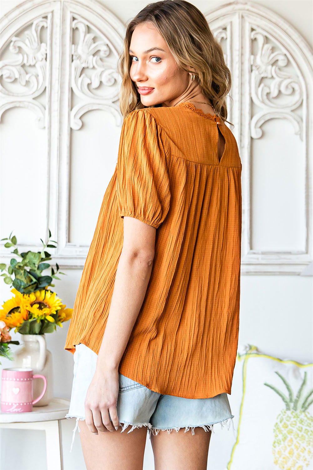 Orange Textured Lace Crochet Casual Keyhole Puff Sleeve Blouse - Vesteeto