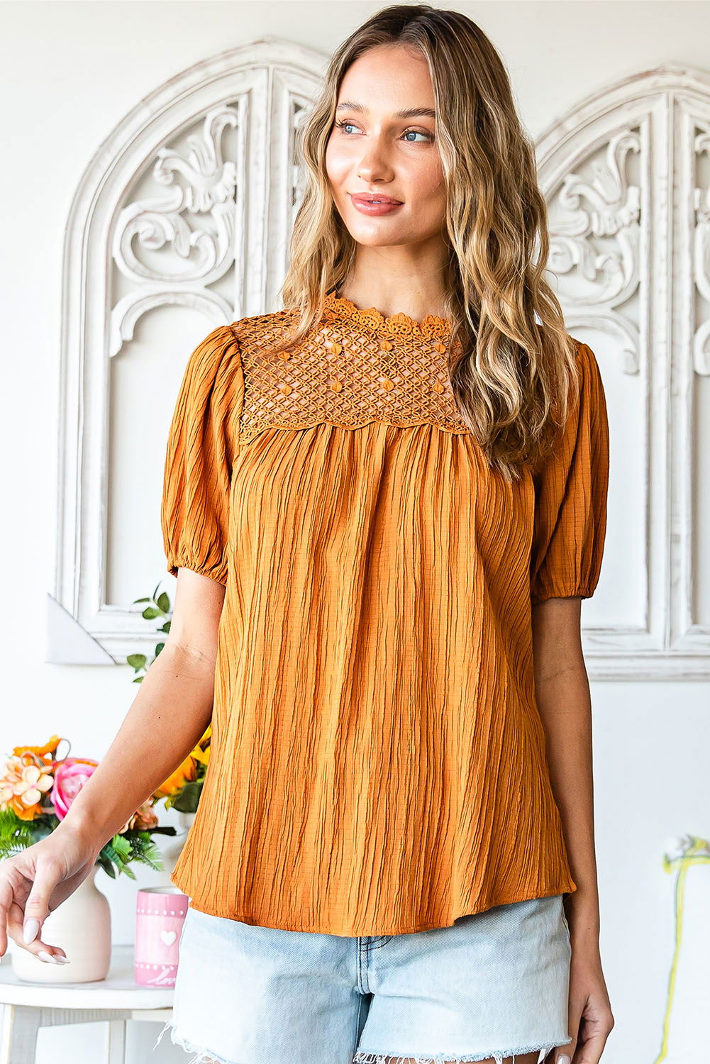 Orange Textured Lace Crochet Casual Keyhole Puff Sleeve Blouse - Vesteeto