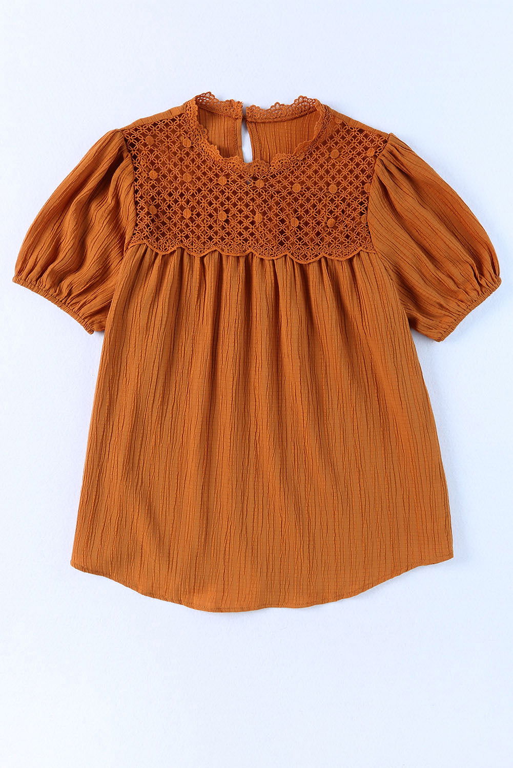 Orange Textured Lace Crochet Casual Keyhole Puff Sleeve Blouse - Vesteeto