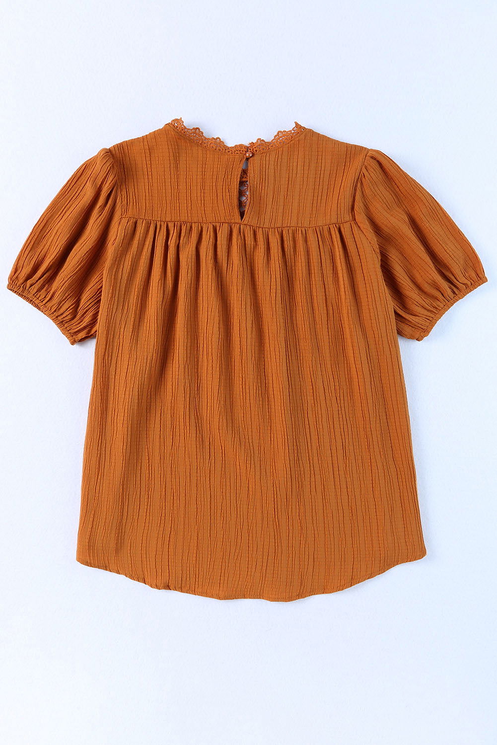 Orange Textured Lace Crochet Casual Keyhole Puff Sleeve Blouse - Vesteeto