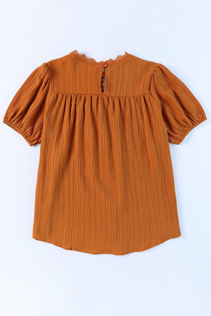 Orange Textured Lace Crochet Casual Keyhole Puff Sleeve Blouse - Vesteeto