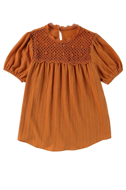 Orange Textured Lace Crochet Casual Keyhole Puff Sleeve Blouse - Vesteeto