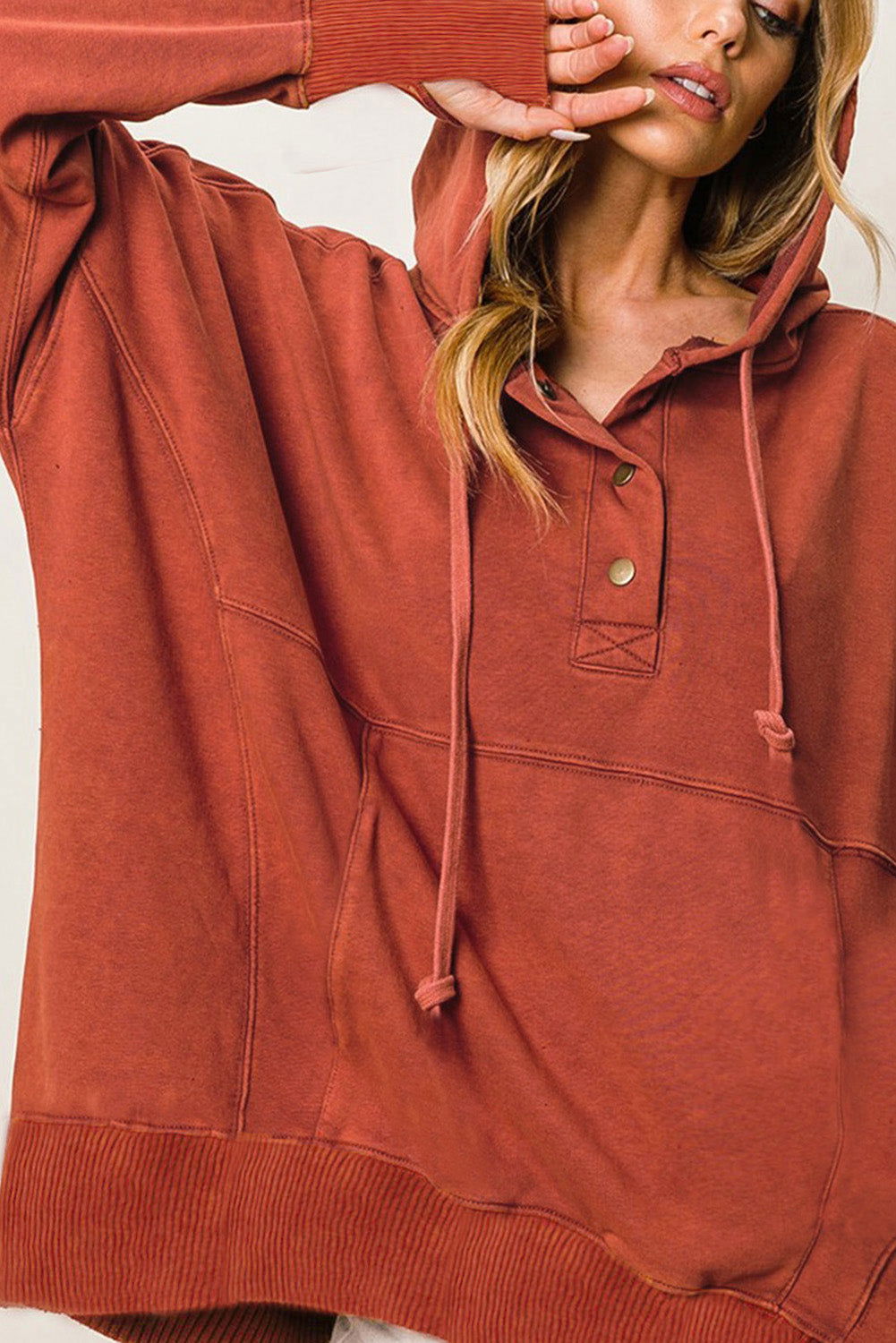 Orange Vintage Snap Button Thumbhole Long Sleeve Hoodie - Vesteeto