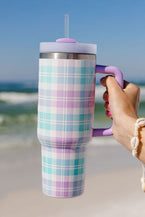 Orchid Petal Plaid Print Handle Large Vacuum Cup 40oz - Vesteeto