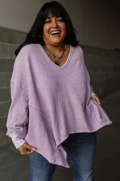 Orchid Petal Plus Size Waffle Knit Exposed Seam Flowy Top - Vesteeto