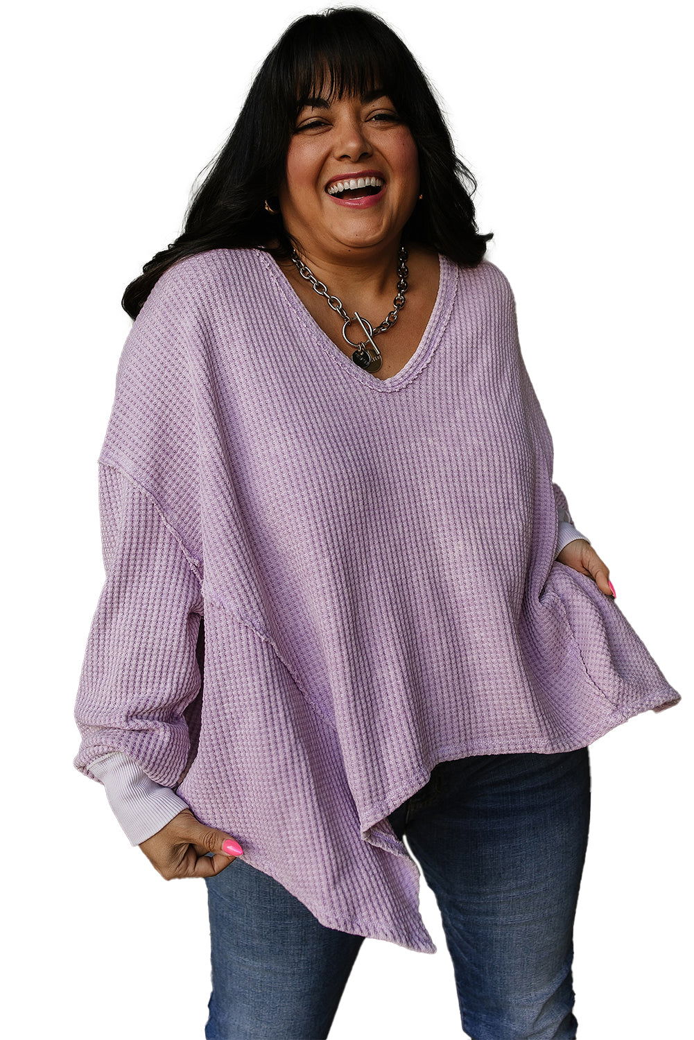 Orchid Petal Plus Size Waffle Knit Exposed Seam Flowy Top - Vesteeto