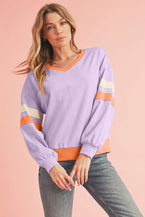 Orchid Rib Patchwork Drop Shoulder V Neck Sweatshirt - Vesteeto