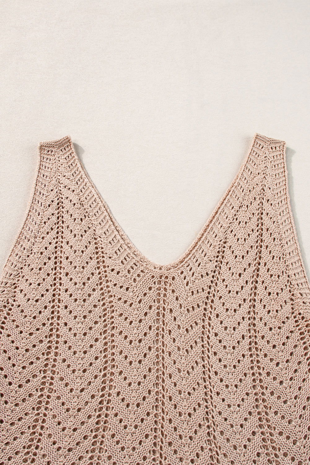 Pale Khaki Scalloped Hem V Neck Crochet Knit Tank Top - Vesteeto