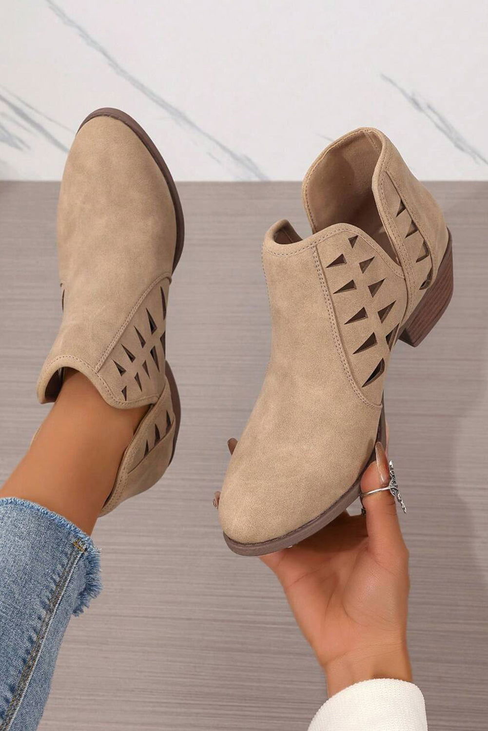 Parchment Cut Out Suede Pointed Toe Heeled Ankle Boots - Vesteeto