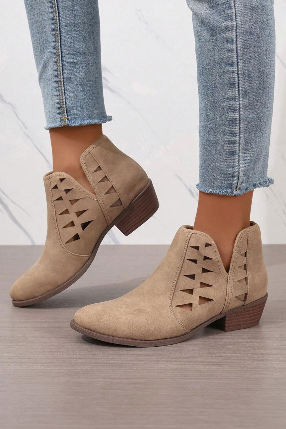 Parchment Cut Out Suede Pointed Toe Heeled Ankle Boots - Vesteeto