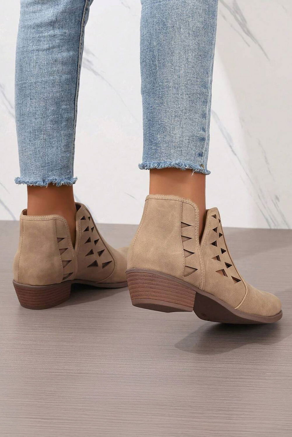 Parchment Cut Out Suede Pointed Toe Heeled Ankle Boots - Vesteeto