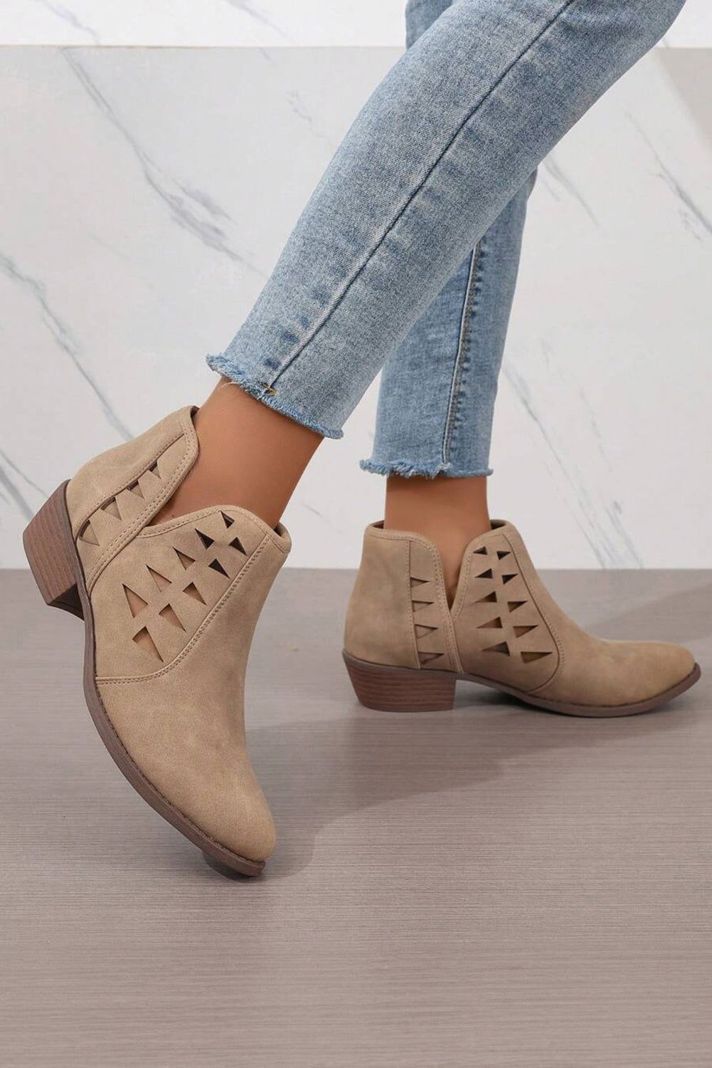 Parchment Cut Out Suede Pointed Toe Heeled Ankle Boots - Vesteeto