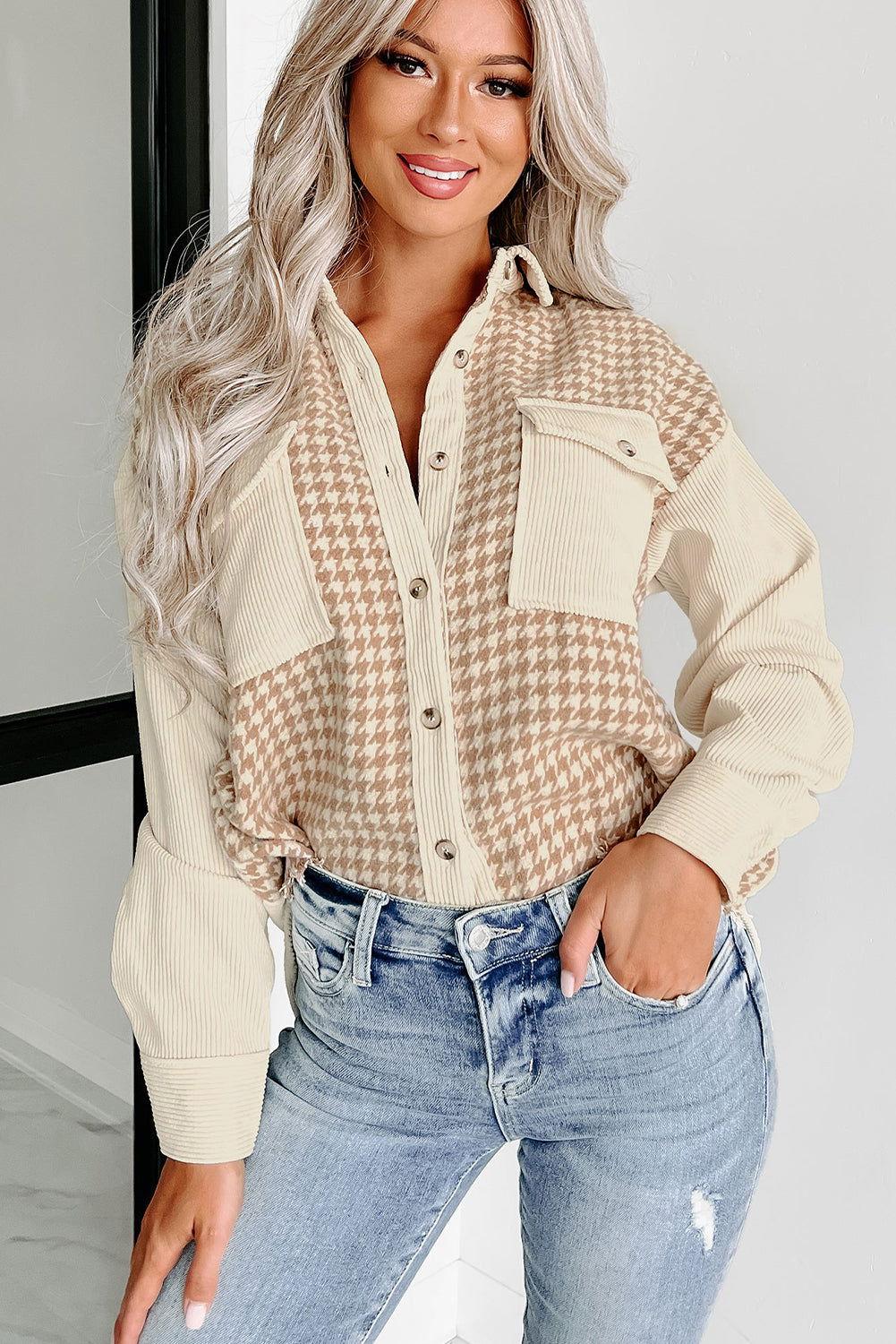 Parchment Houndstooth Corduroy Patchwork Flap Pocket Shacket - Vesteeto