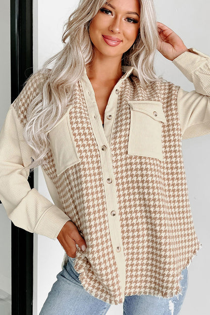 Parchment Houndstooth Corduroy Patchwork Flap Pocket Shacket - Vesteeto