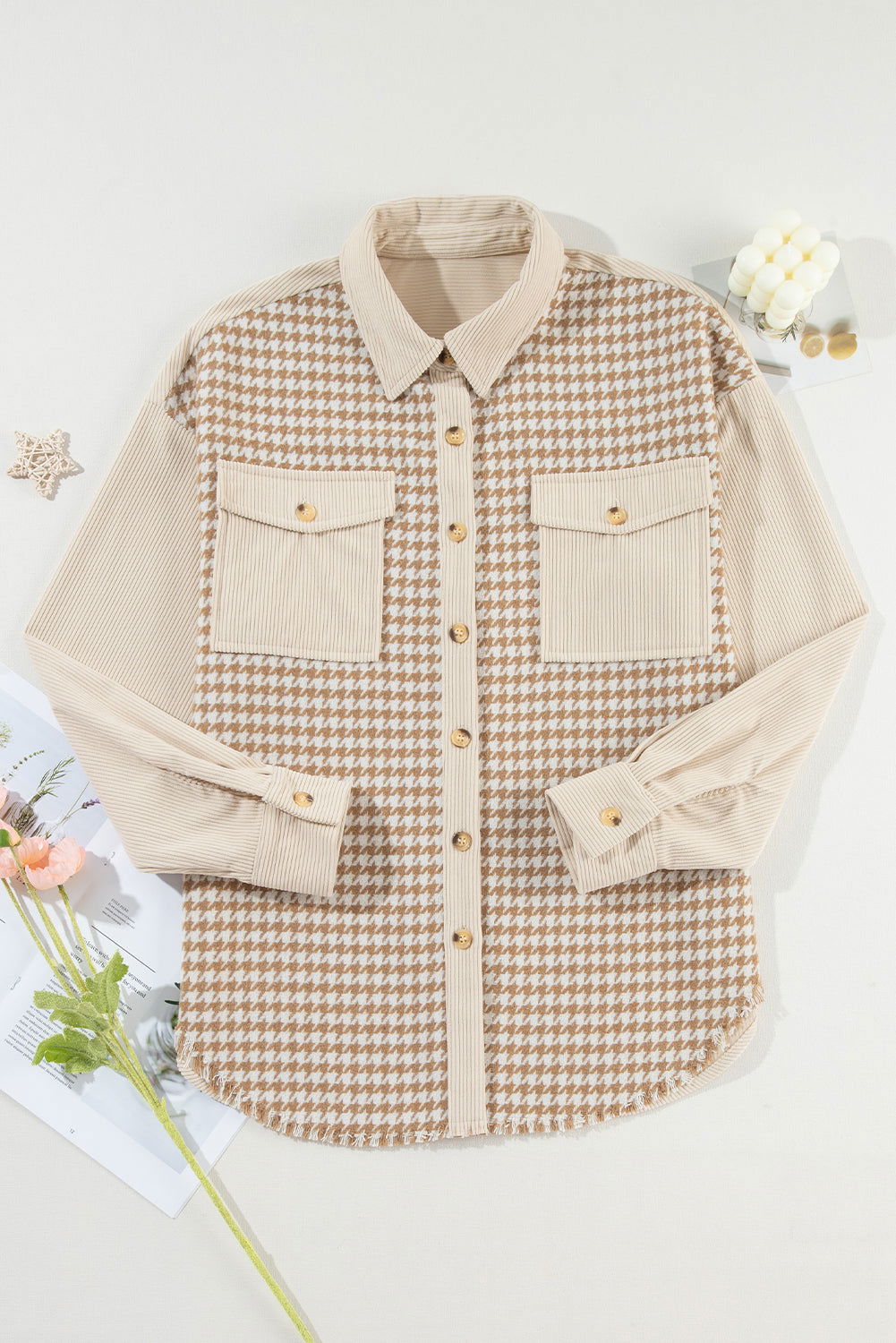 Parchment Houndstooth Corduroy Patchwork Flap Pocket Shacket - Vesteeto