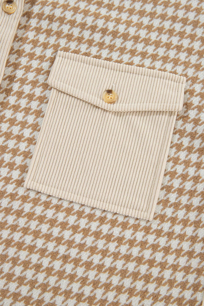 Parchment Houndstooth Corduroy Patchwork Flap Pocket Shacket - Vesteeto