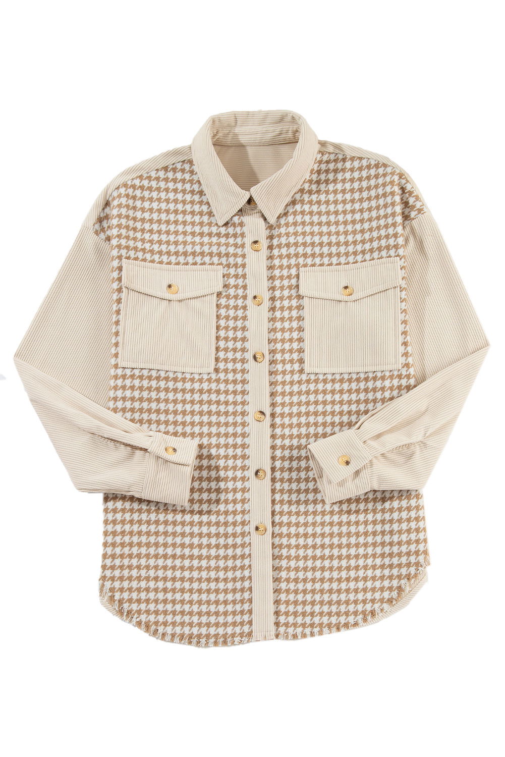 Parchment Houndstooth Corduroy Patchwork Flap Pocket Shacket - Vesteeto