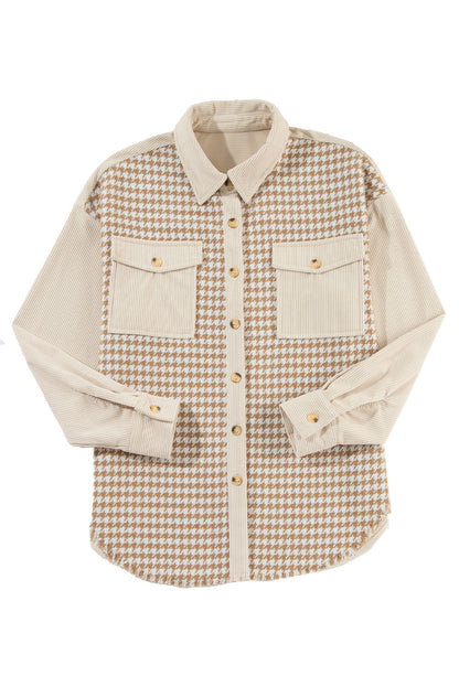 Parchment Houndstooth Corduroy Patchwork Flap Pocket Shacket - Vesteeto