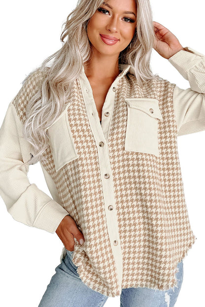 Parchment Houndstooth Corduroy Patchwork Flap Pocket Shacket - Vesteeto