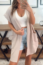 Parchment Ribbed Pocketed Short Sleeve Open Front Cardigan - Vesteeto