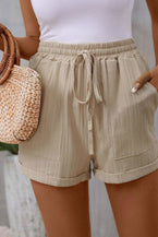 Parchment Solid Color Elastic Waist Drawstring Pocketed Shorts - Vesteeto