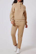 Parchment Solid Half Button Sweatshirt and High Waist Pants Set - Vesteeto