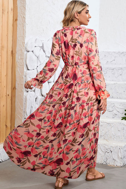 Pastel Red Floral Print Ruffle Trim Plunge Neckline Maxi Dress - Vesteeto