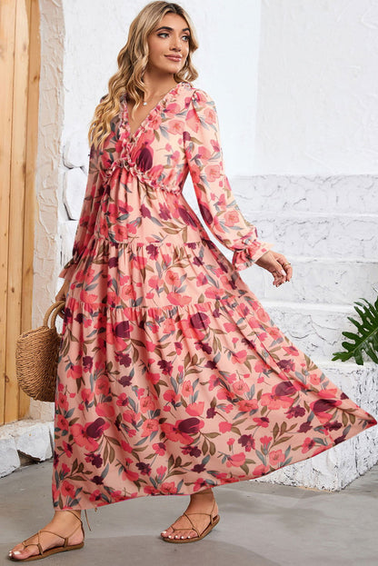 Pastel Red Floral Print Ruffle Trim Plunge Neckline Maxi Dress - Vesteeto