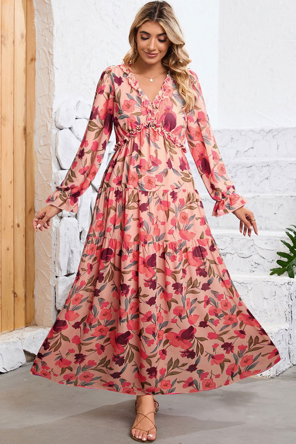 Pastel Red Floral Print Ruffle Trim Plunge Neckline Maxi Dress - Vesteeto