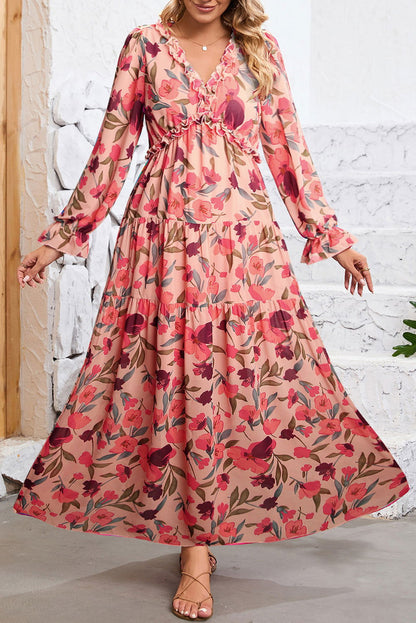 Pastel Red Floral Print Ruffle Trim Plunge Neckline Maxi Dress - Vesteeto