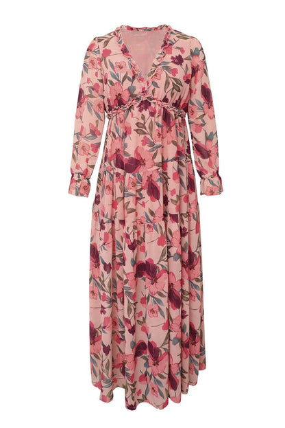 Pastel Red Floral Print Ruffle Trim Plunge Neckline Maxi Dress - Vesteeto