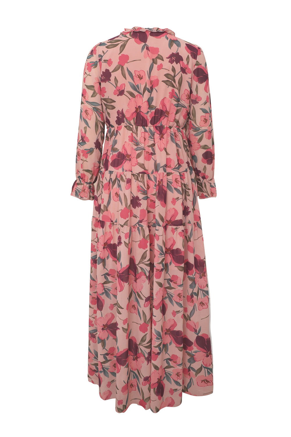 Pastel Red Floral Print Ruffle Trim Plunge Neckline Maxi Dress - Vesteeto