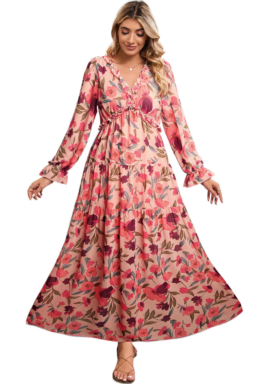 Pastel Red Floral Print Ruffle Trim Plunge Neckline Maxi Dress - Vesteeto