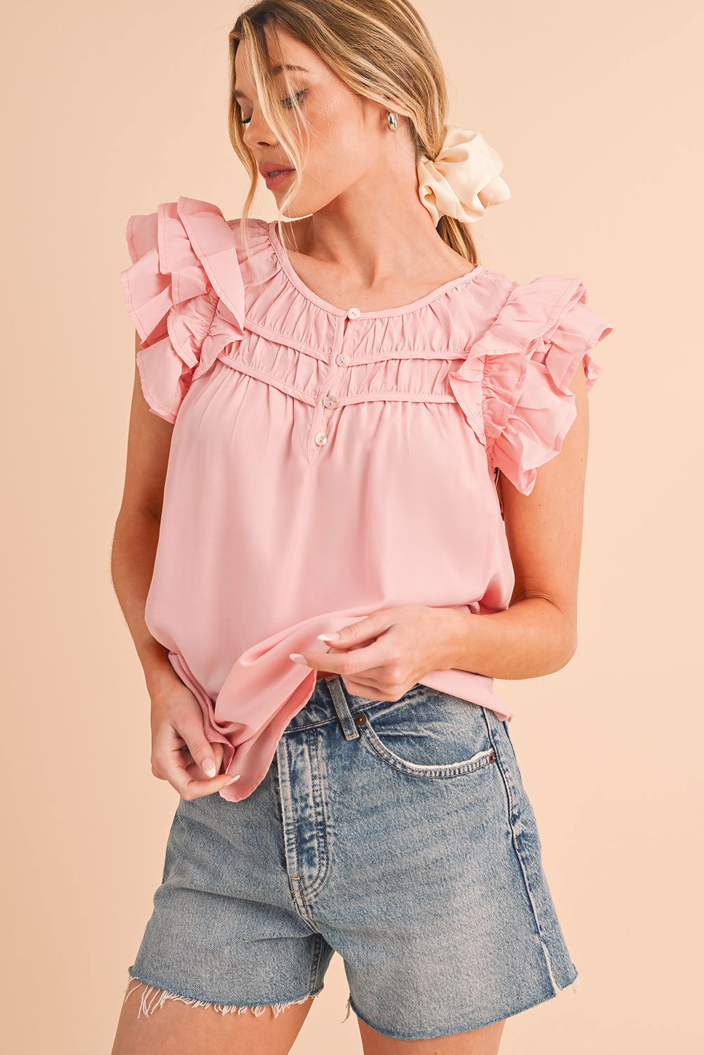 Peach Blossom Button Neck Smocked Layered Ruffle Blouse - Vesteeto