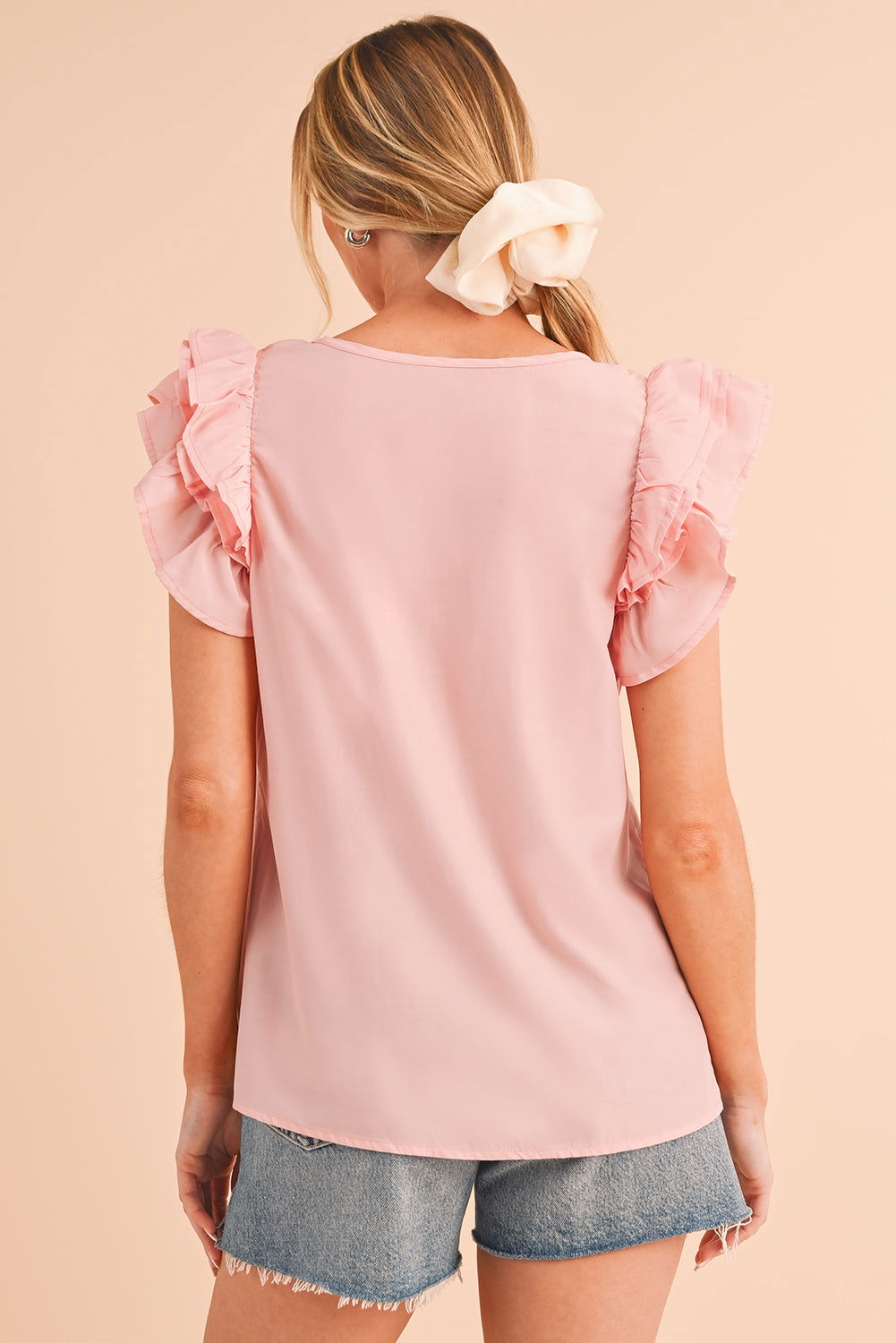 Peach Blossom Button Neck Smocked Layered Ruffle Blouse - Vesteeto