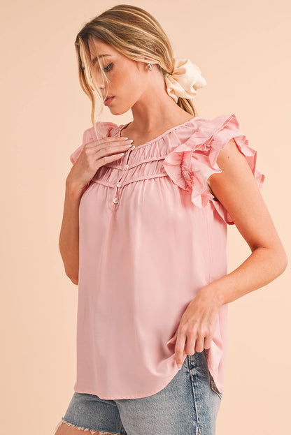 Peach Blossom Button Neck Smocked Layered Ruffle Blouse - Vesteeto