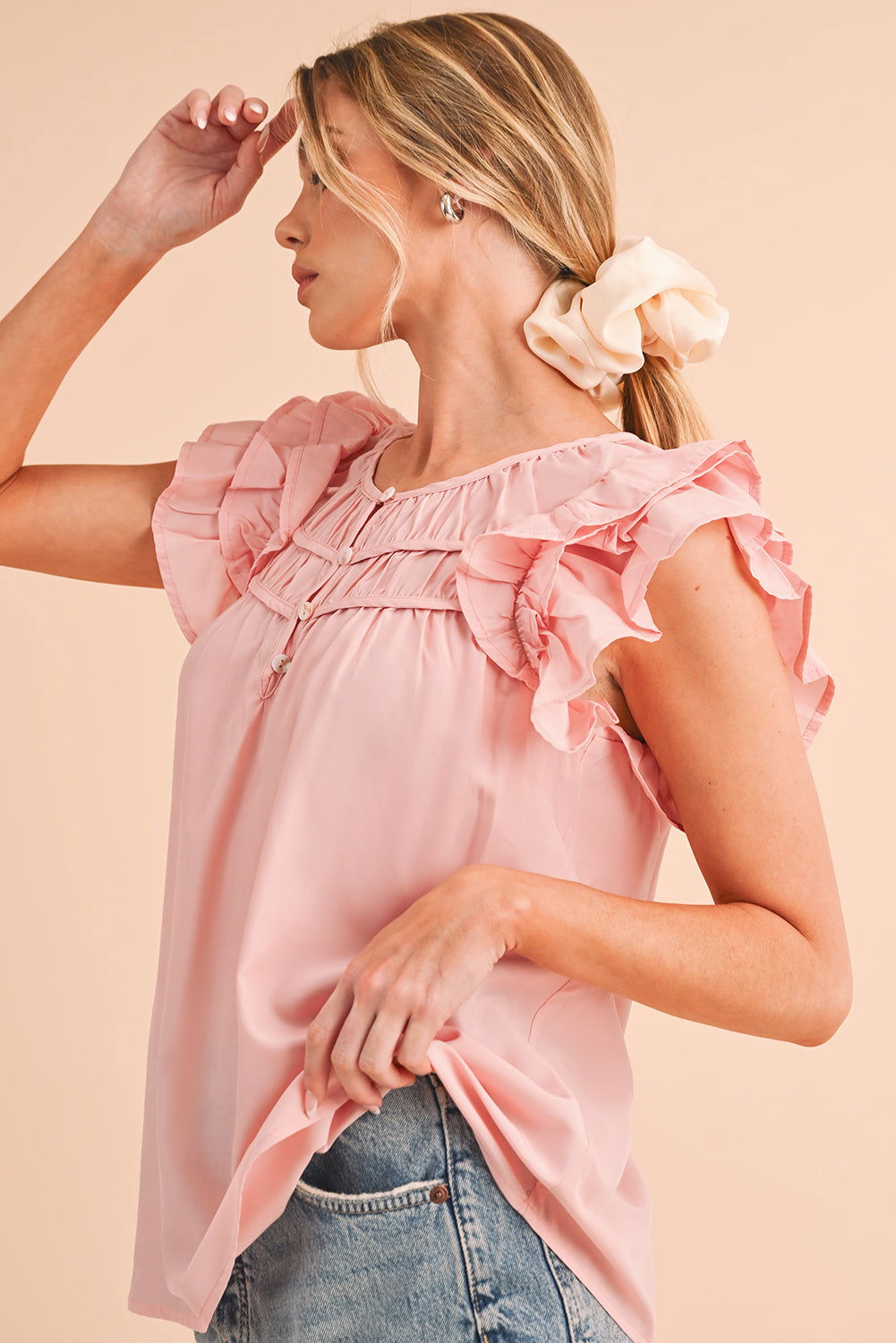 Peach Blossom Button Neck Smocked Layered Ruffle Blouse - Vesteeto