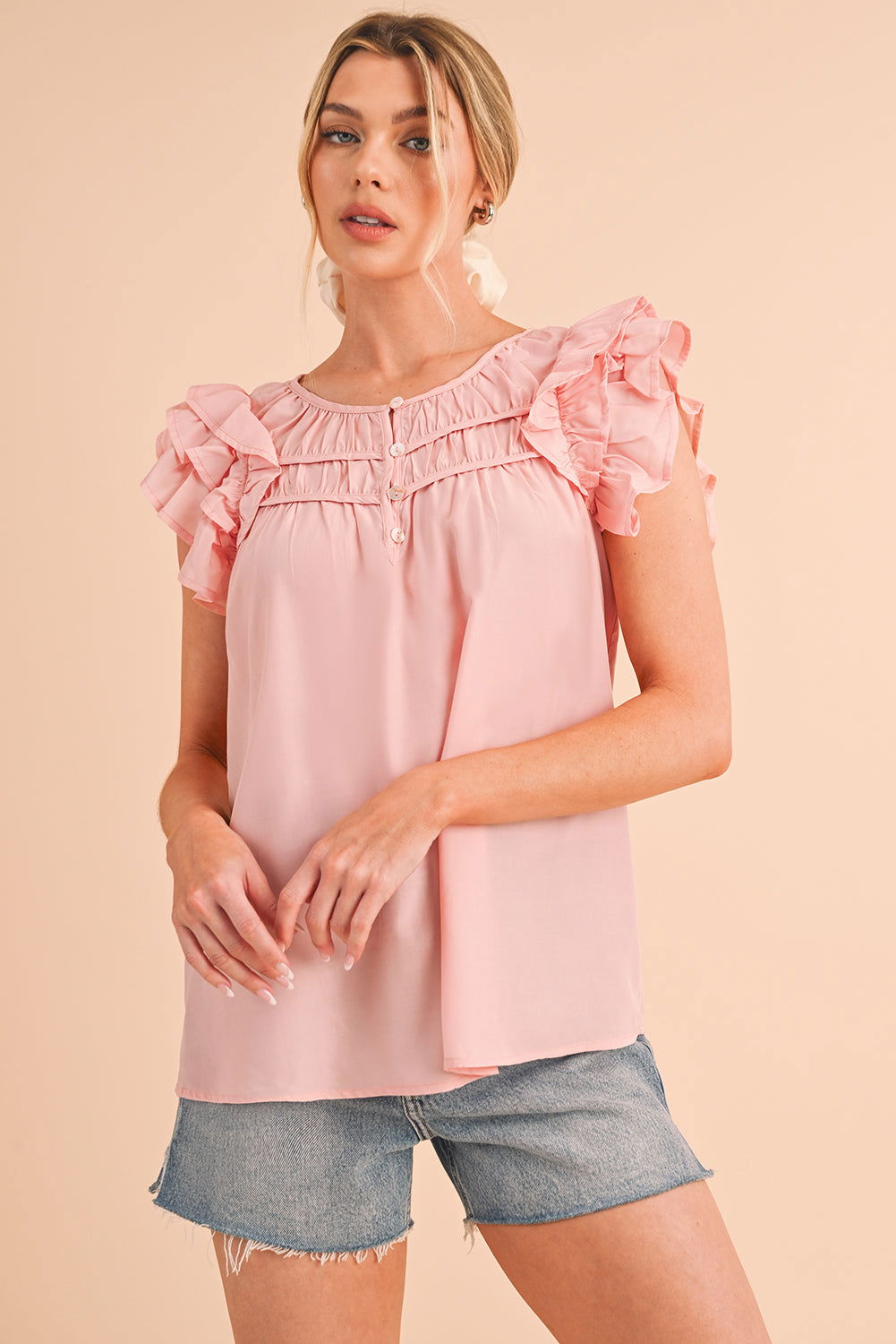 Peach Blossom Button Neck Smocked Layered Ruffle Blouse - Vesteeto